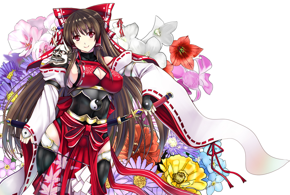 adapted_costume adult armor armored_dress bow breasts brown_hair cleavage cleavage_cutout detached_sleeves floral_background flower hair_bow hair_ornament hair_tubes hairpin hakurei_reimu large_breasts long_hair miko mugen_houteishiki mugenshiki obi red_eyes sideboob solo sword thigh-highs thighhighs touhou weapon yin_yang
