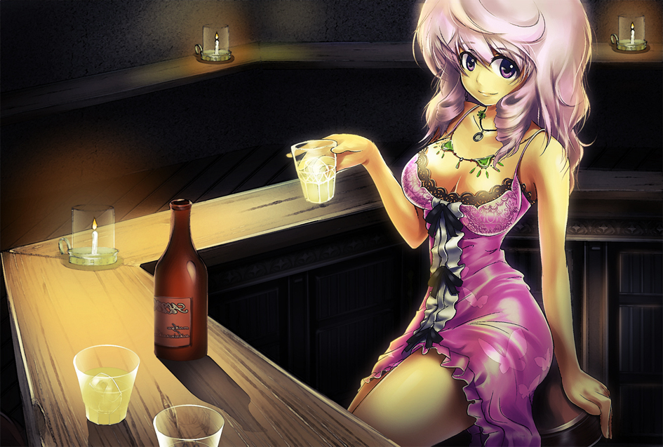 bar_maid bar_stool bottle breasts butterfly candle cleavage dress glasses jewelry large_breasts missy_(sekaiju) mocchi necklace pink_dress pink_eyes pink_hair sekaiju_no_meikyuu sekaiju_no_meikyuu_3 smile solo