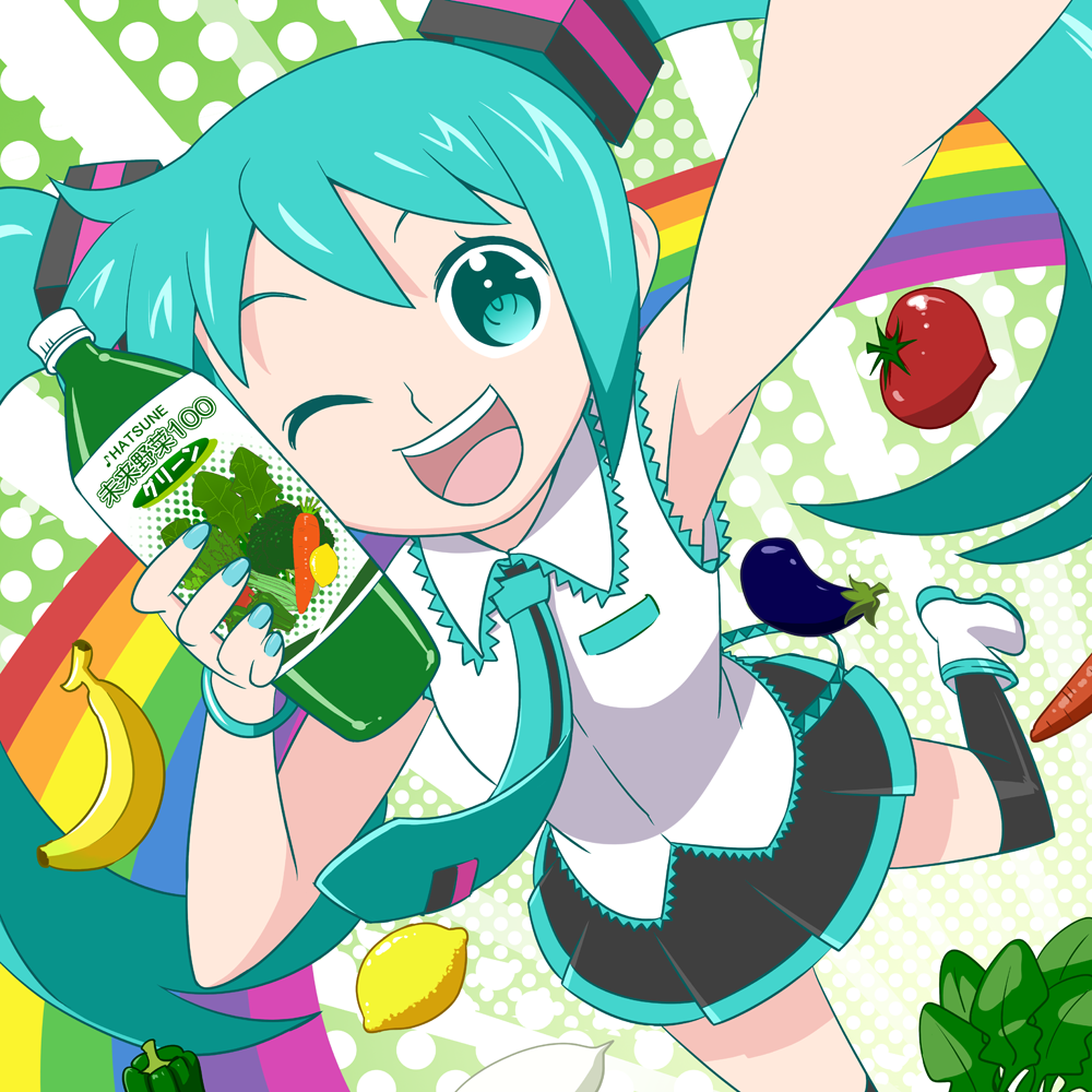 :d aqua_eyes aqua_hair arm_up armpits banana bell_pepper bracelet carrot eggplant face flat_chest food foreshortening fruit hatsune_miku holding jewelry lemon long_hair nail_polish necktie open_mouth poppippoo_(vocaloid) rainbow skirt smile solo sunafuki sunafuki_tabito thigh-highs thighhighs tomato twintails vegetable_juice very_long_hair vocaloid wink