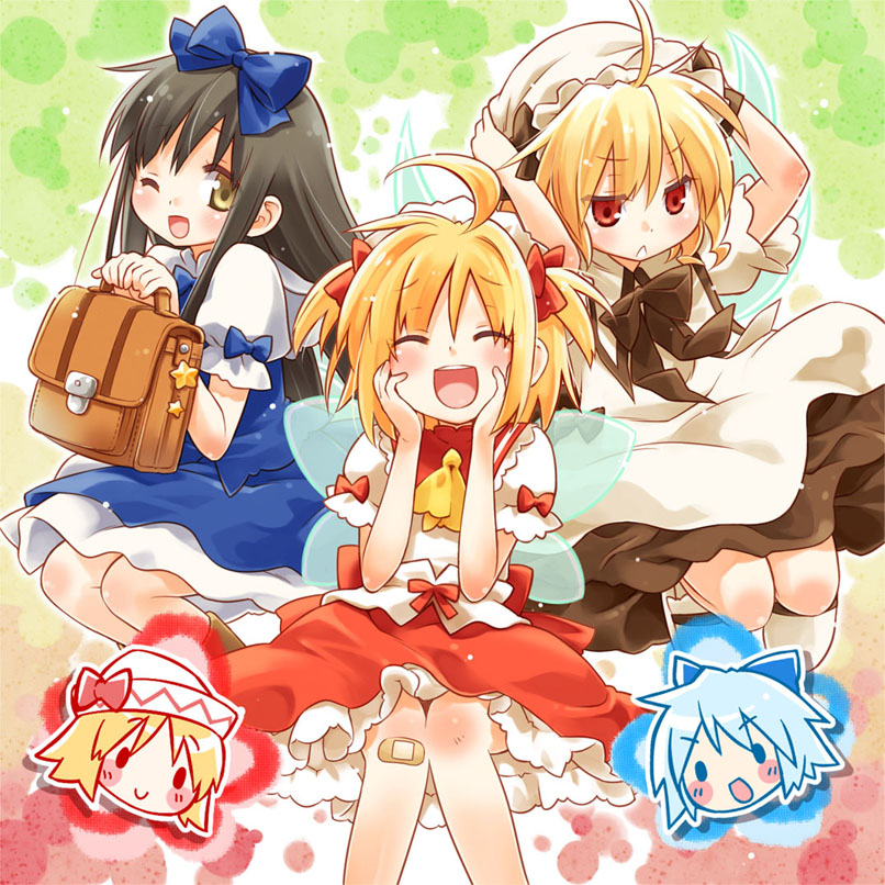 :&lt; bag bandaid black_hair blonde_hair bookbag bow cirno closed_eyes eretto hair_bow hat holding holding_hat innocent_key inset lily_white luna_child multiple_girls red_eyes smile star_sapphire sunny_milk touhou twintails wink yellow_eyes