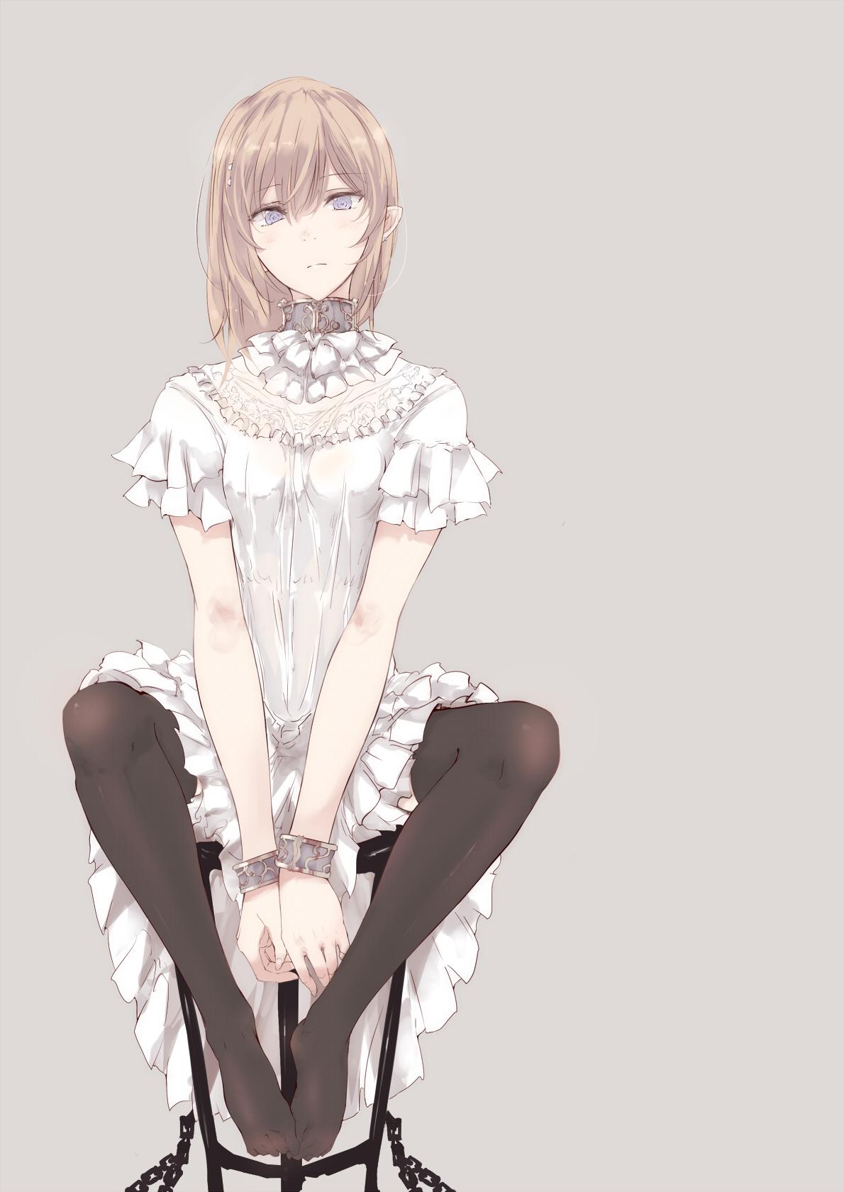 1girl beige_background between_breasts black_legwear blonde_hair blue_eyes breasts chain clothes_between_breasts collar cuffs dress elf expressionless frilled_dress frills full_body hair_between_eyes highres looking_at_viewer original pointy_ears short_sleeves simple_background sitting solo spread_legs stool thigh-highs touma_kisa