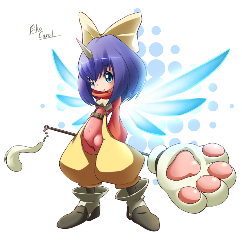 arms_behind_back blue_hair bodysuit bow cat_paw chaps character_name child crombaster eiko_carol final_fantasy final_fantasy_ix hair_ribbon horn navel ribbon shoes short_hair smile solo wand wings
