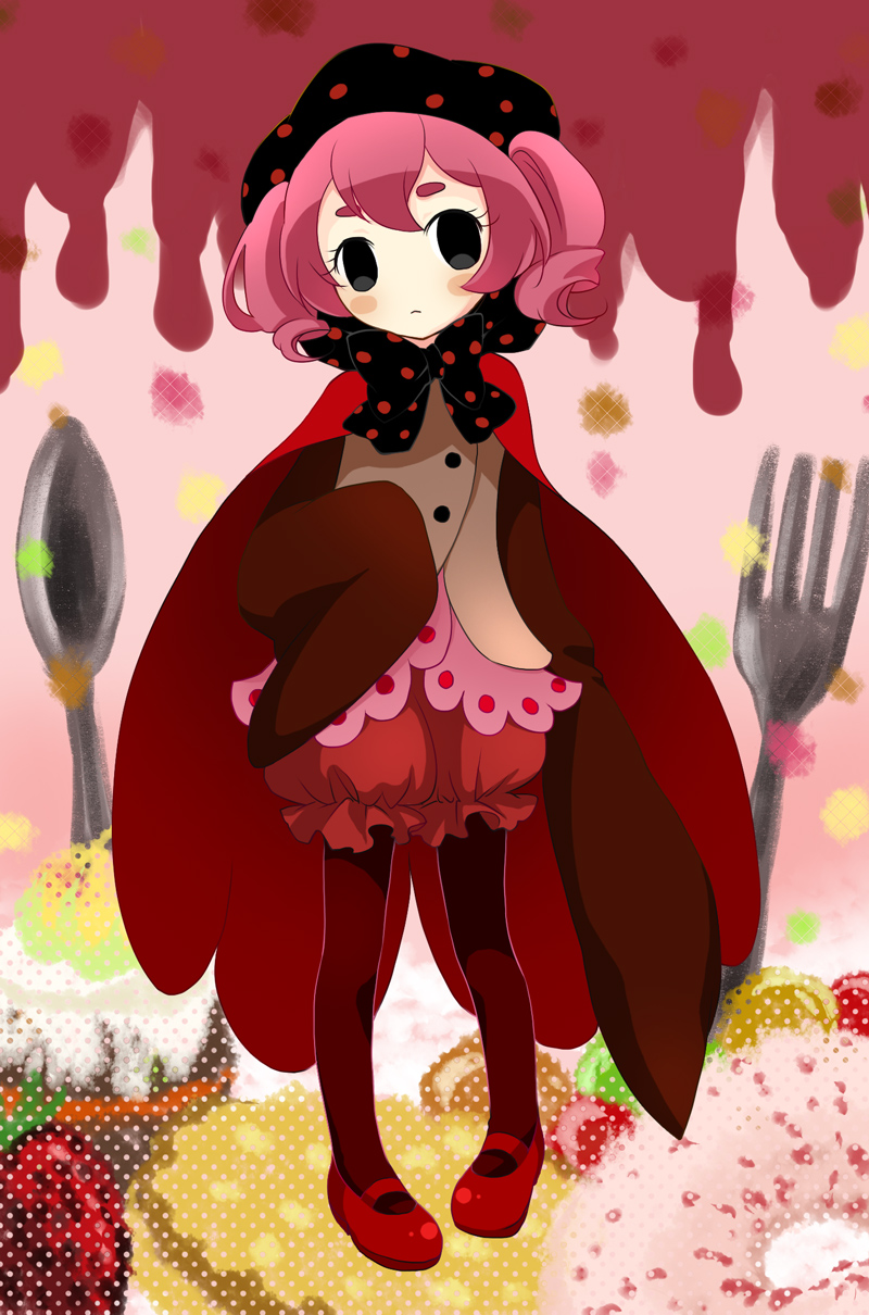 blush_stickers cape charlotte_(madoka_magica) doughnut food fork frown fruit highres kanzou mahou_shoujo_madoka_magica mary_janes pantyhose personification pink_hair shoes short_twintails spoon strawberry twintails