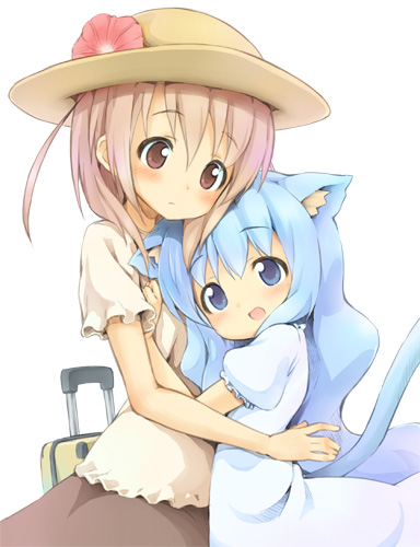 2girls aikei_ake animal_ears blue_eyes blue_hair blush brown_eyes cat_ears cat_tail dress flower hat hat_flower height_difference lavender_hair long_hair lowres multiple_girls open_mouth original short_hair skirt suitcase tail