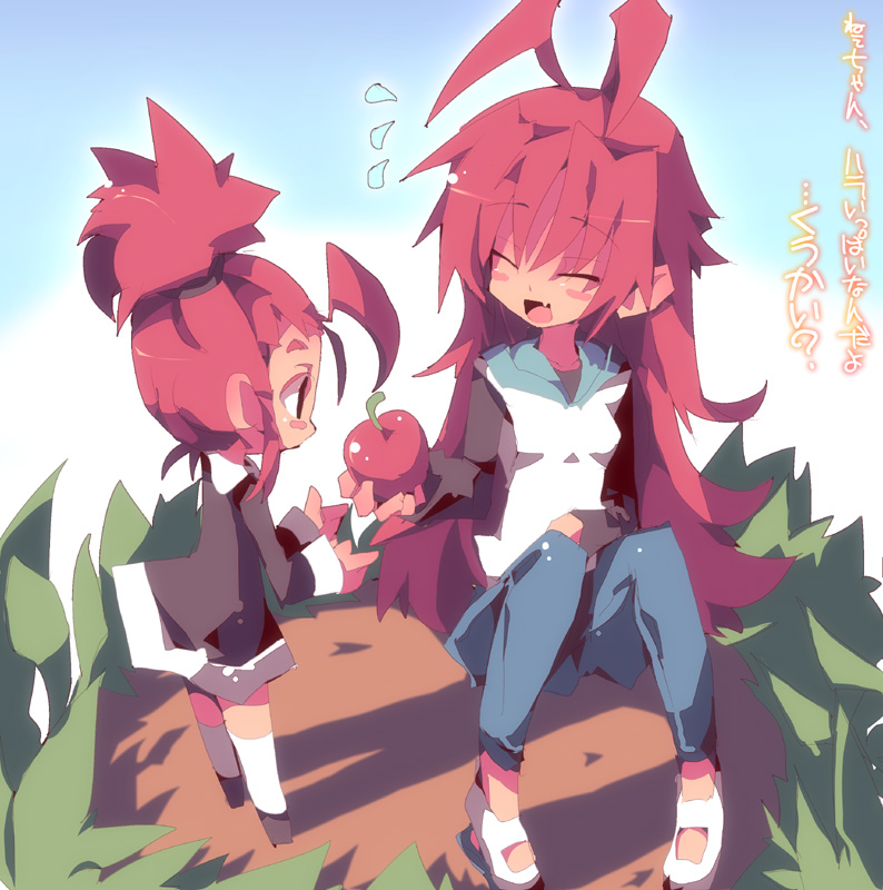 ahoge apple blush_stickers casual closed_eyes dango_mushi eyes_closed food fruit holding holding_apple holding_fruit hoodie long_hair mahou_shoujo_madoka_magica multiple_girls red_hair redhead sakura_kyouko sakura_momo siblings sister sisters translated