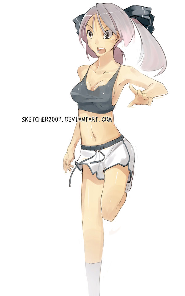 athletic bow breasts cleavage crop_top faustsketcher gym_shorts hair_bow hair_ribbon hiiragi_kagami lucky_star midriff navel open_mouth ribbon shorts sideboob silver_hair sketcher2007 solo standing_on_one_leg tank_top taut_shirt twintails watermark web_address white_legwear