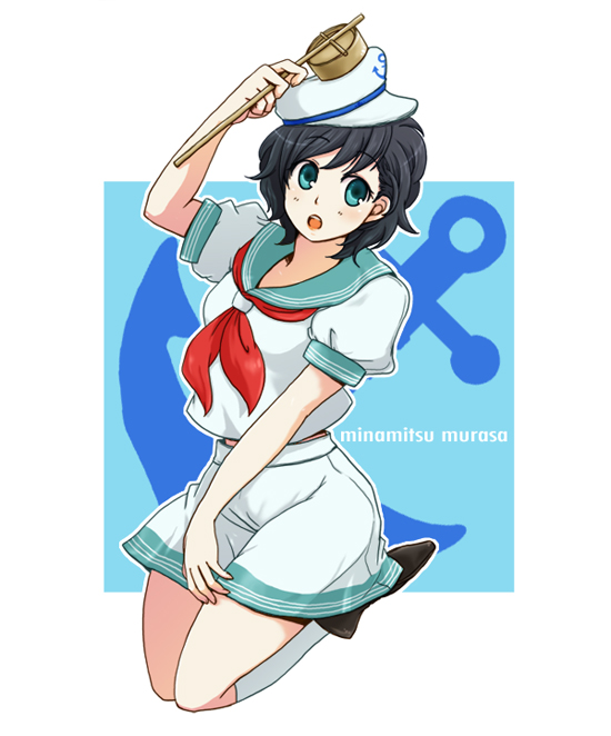 :o anchor aqua_eyes black_hair g-goro hat hishaku kneehighs ladle murasa_minamitsu sailor sailor_hat sailor_suit seiza short_hair sitting solo touhou white_kneehighs white_legwear