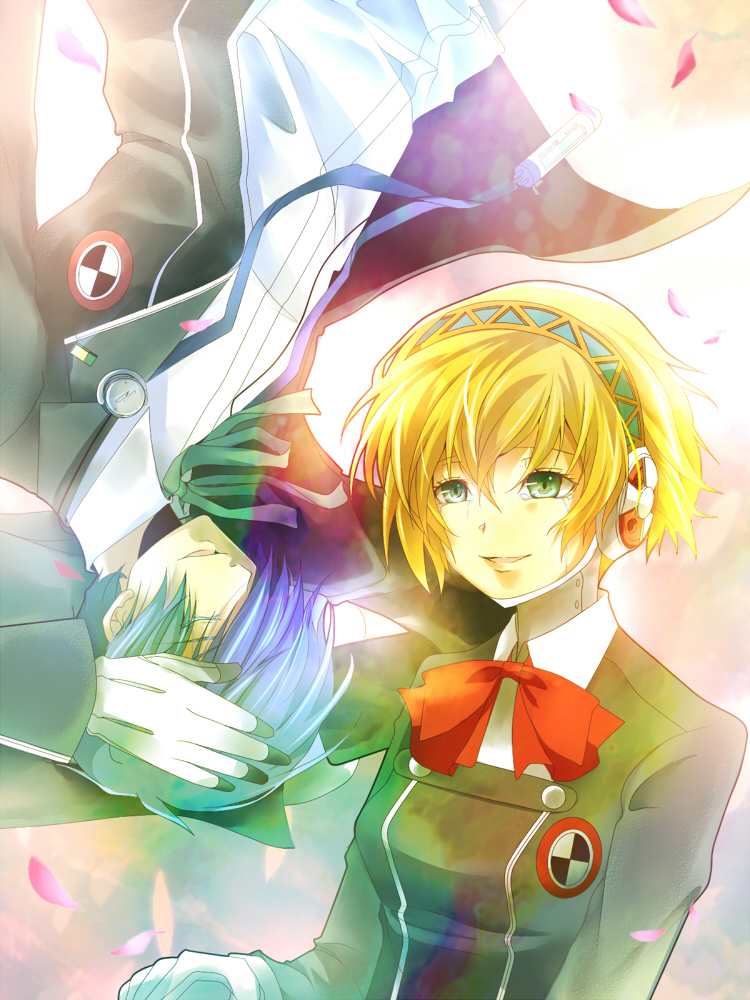 1girl aegis android arisato_minato blonde_hair blue_eyes blue_hair bow closed_eyes couple digital_media_player eyes_closed hair_over_one_eye headphones kazanami persona persona_3 ribbon school_uniform smile tears