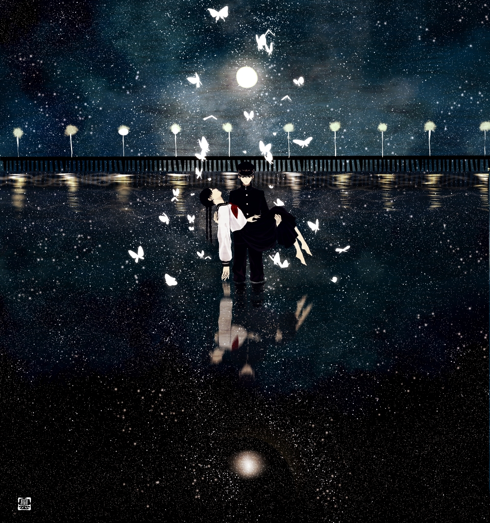 1boy 1girl artist_name black_hair bridge butterfly carrying death gakuran hat kurohal long_hair night original reflection sad scenery school_uniform serafuku star water