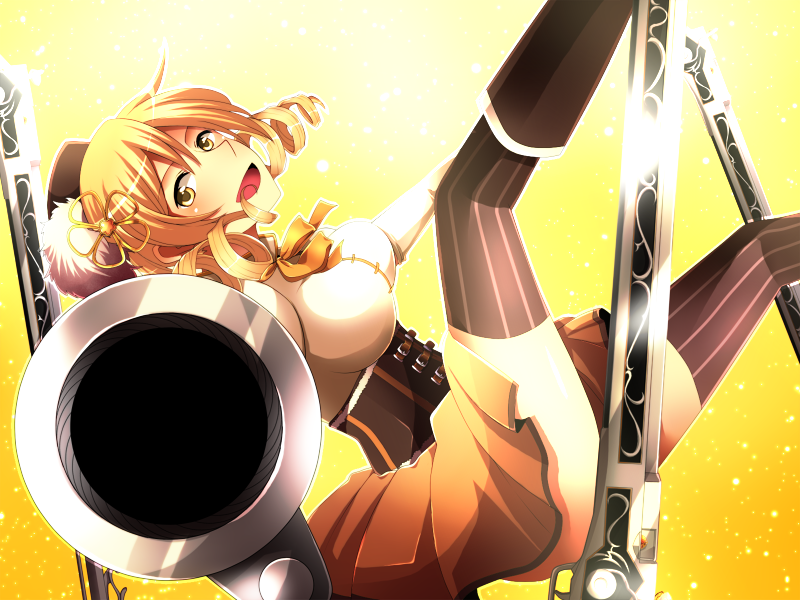 aiming aiming_at_viewer bad_id beret blonde_hair boots breasts drill_hair gun hat large_breasts magical_girl magical_musket mahou_shoujo_madoka_magica pleated_skirt pov_aiming puffy_sleeves rifle skirt solo taut_shirt thigh-highs thighhighs tomoe_mami usui_(h446) weapon yellow_eyes