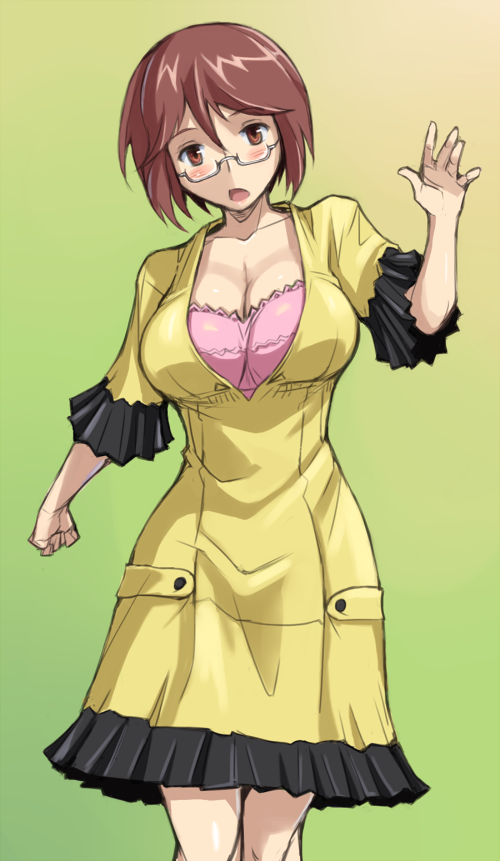 bespectacled blush breasts brown_eyes brown_hair casual cleavage cosplay dress glasses infinite_stratos large_breasts rozen_maiden rozenweapon short_hair solo souseiseki yamada_maya_(infinite_stratos) yamada_maya_(infinite_stratos)_(cosplay)