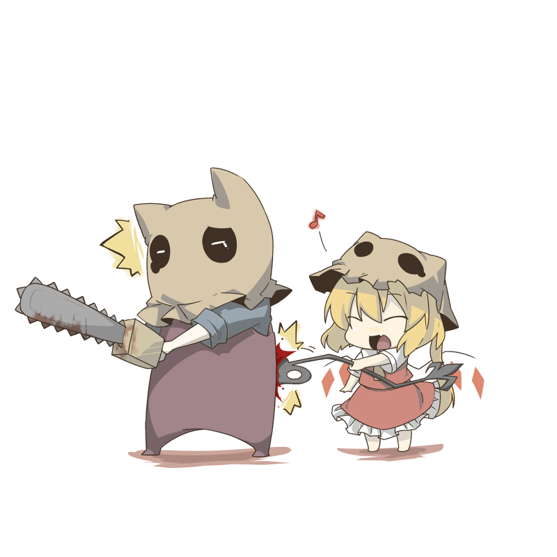 :d ^_^ bad_id blonde_hair blood chainsaw chibi closed_eyes crossover dr._salvador eiri_(eirri) fang flandre_scarlet laevatein musical_note open_mouth resident_evil resident_evil_4 short_hair side_ponytail smile touhou wings