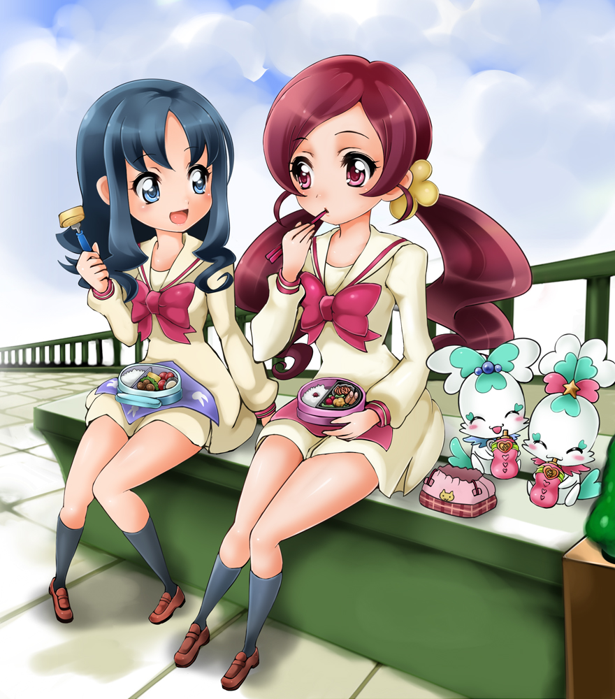 1041_(toshikazu) 2girls :d :p black_kneehighs black_legwear blue_eyes blue_hair blush bow chopsticks chypre_(heartcatch_precure!) closed_eyes coffret coffret_(heartcatch_precure!) eating eyes_closed food hair_ornament hairpin hanasaki_tsubomi happy heartcatch_precure! heartcatch_pretty_cure! kneehighs kurumi_erika loafers long_hair mascot multiple_girls obentou open_mouth perspective pink_eyes precure pretty_cure red_hair redhead ribbon rooftop school_uniform shoes shypre sitting skirt smile tongue twintails