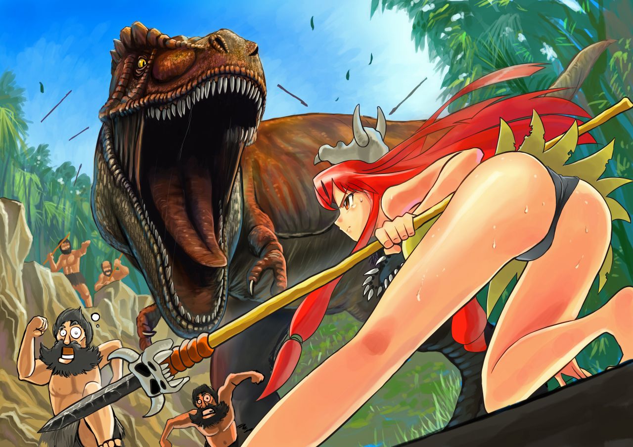 ass cave_girl caveman cavemen dinosaur gyan_(akenosuisei) jewelry loincloth long_hair necklace original polearm prehistoric prehistory red_hair redhead skull spear tribal tyrannosaurus_rex weapon