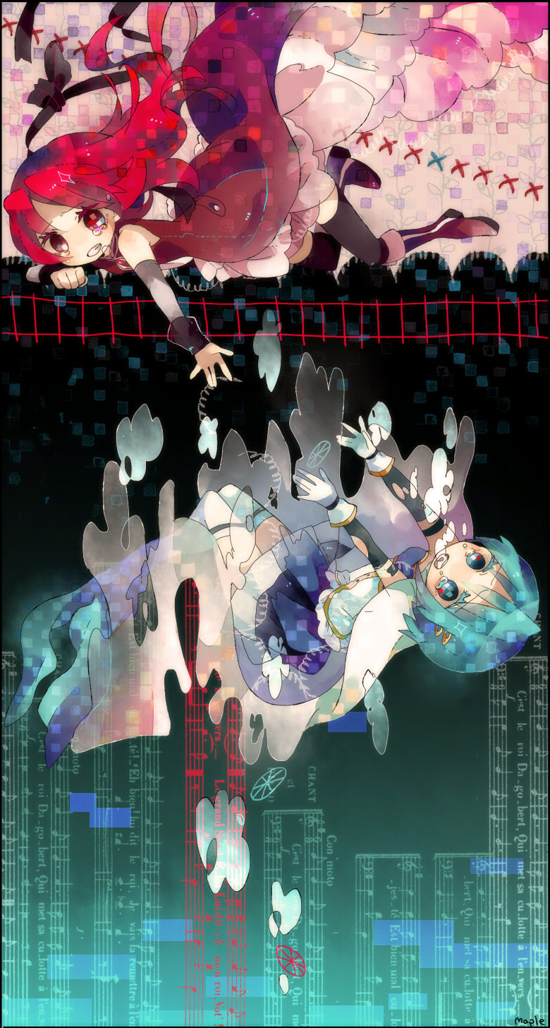 alternate_hairstyle blue_hair boots bubble cape clenched_teeth falling gloves hair_ornament hairclip highres long_hair magical_girl mahou_shoujo_madoka_magica maple_(cyakapon) miki_sayaka multiple_girls musical_note outstretched_hand railroad_tracks railway reaching red_eyes red_hair redhead sakura_kyouko sheet_music short_hair tears thigh-highs thighhighs underwater wheel white_gloves witch's_labyrinth witch's_labyrinth