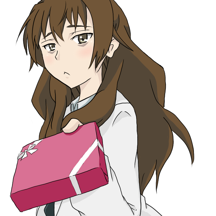 bad_id brown_eyes brown_hair holding holding_gift incoming_gift kiyama_harumi labcoat long_hair sukonbupikotan to_aru_kagaku_no_railgun to_aru_majutsu_no_index valentine