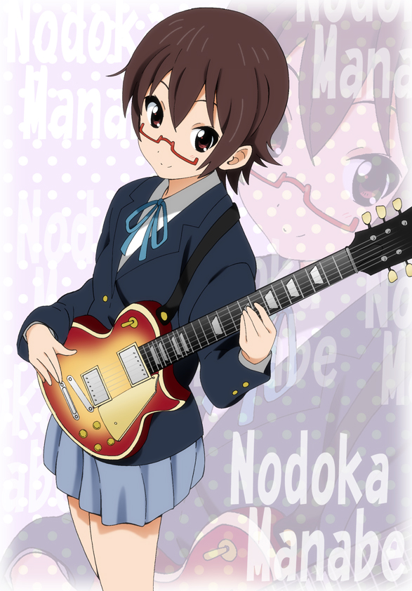 brown_hair electric_guitar glasses guitar half_rim_glasses instrument k-on! manabe_nodoka red-framed_glasses school_uniform semi-rimless_glasses serafuku short_hair smile solo under-rim_glasses yamasaki_wataru