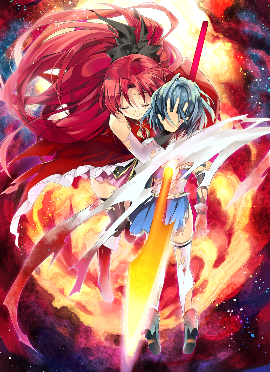 blood blood_on_clothes bloody_clothes blue_hair boots closed_eyes creayus eyes_closed highres impaled knee_boots long_hair mahou_shoujo_madoka_magica miki_sayaka polearm ponytail red_hair redhead sakura_kyouko short_hair skindentation skirt spear spoilers tears thigh-highs thighhighs torn_clothes torn_thighhighs weapon zettai_ryouiki