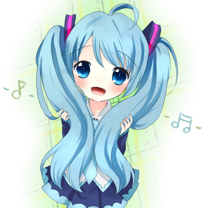 :d blue_eyes bunching_hair green_hair hatsune_miku long_hair musical_note nashi_rin nasipika necktie no_nose open_mouth ribbon smile solo twintails very_long_hair vocaloid young