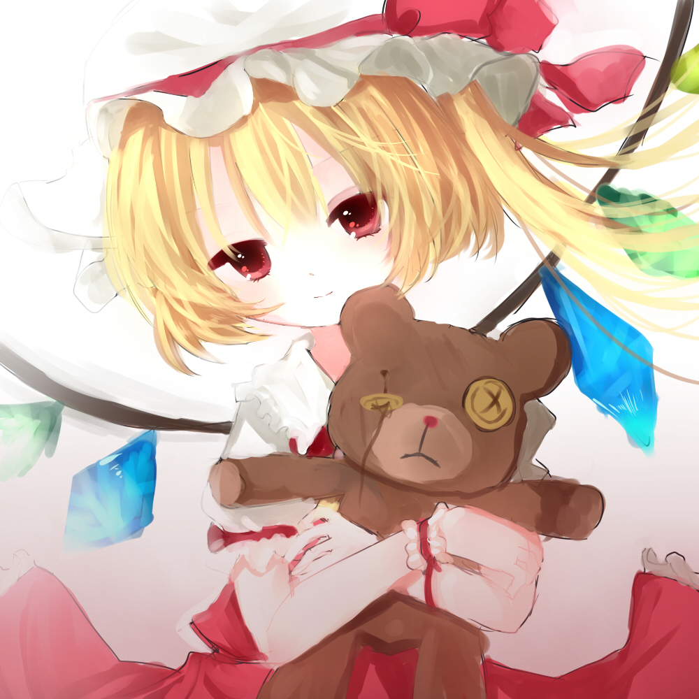 blonde_hair bust button_eyes doll doll_hug flandre_scarlet hat nashi_rin red_eyes rough side_ponytail solo stuffed_animal stuffed_toy teddy_bear touhou wings