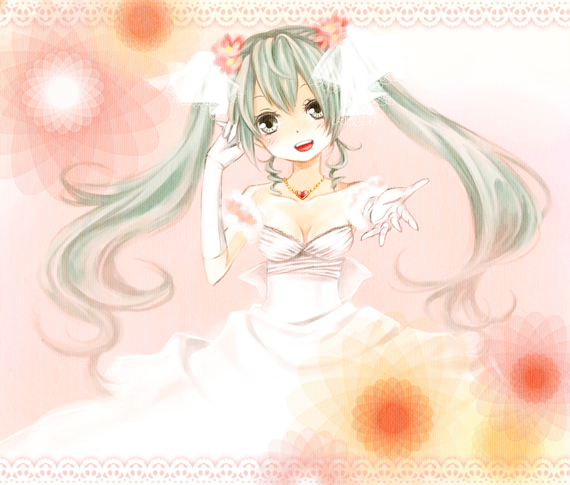 dress elbow_gloves gloves green_eyes green_hair hatsune_miku jewelry long_hair mitsuka necklace open_mouth outstretched_hand solo twintails very_long_hair vocaloid
