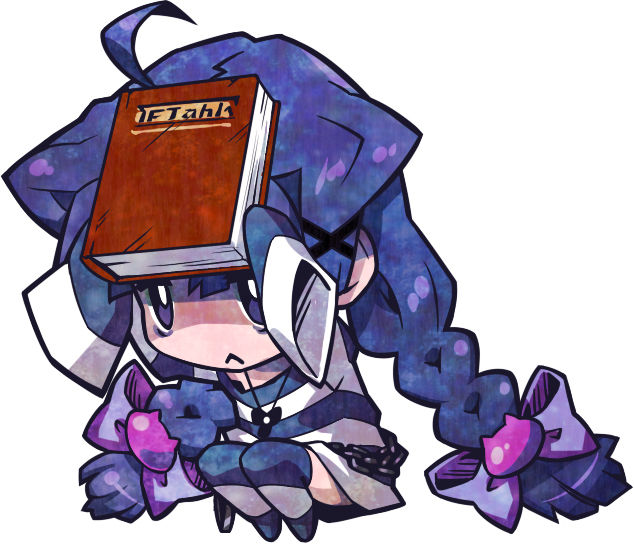 alice_(criminal_girls) book bow braid chain chains chibi criminal_girls hair_bow ichihaya long_hair nippon_ichi official_art purple_eyes purple_hair simple_background sleeves_past_wrists solo squatting striped striped_legwear striped_thighhighs thigh-highs thighhighs twin_braids twintails violet_eyes