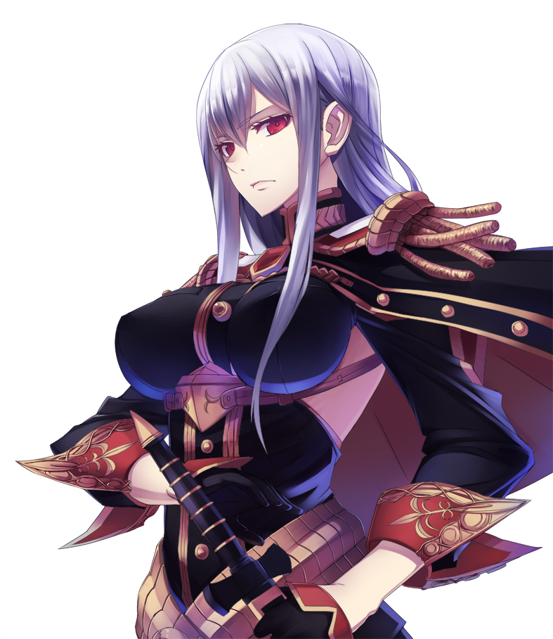 breasts cape epaulettes erect_nipples female gloves impossible_clothes impossible_clothing large_breasts long_hair military military_uniform purple_hair red_eyes selvaria_bles senjou_no_valkyria senjou_no_valkyria_1 silver_hair simple_background solo steelleets sword uniform weapon white_background