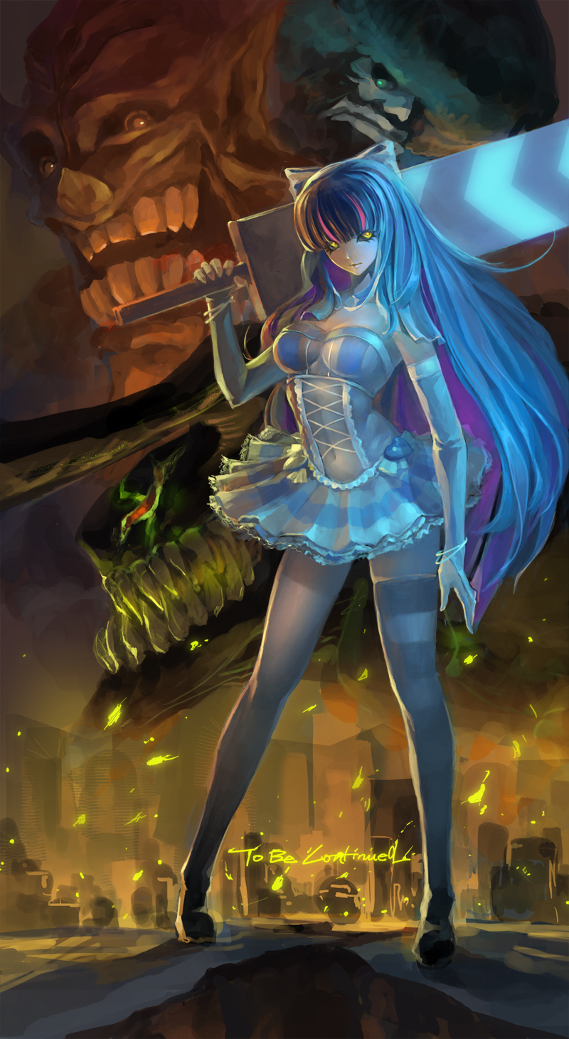 artist_request buster_sword chuck chuck_(psg) city cityscape corset_(character) corset_(psg) epic final garterbelt_(character) garterbelt_(psg) glowing glowing_eyes highres multicolored_hair night panty_&amp;_stocking_with_garterbelt sharp_teeth single_thighhigh slender_waist spoilers standing stocking_(character) stocking_(psg) striped striped_legwear striped_thighhighs stripes_i_&amp;_ii sword thigh-highs thighhighs two-tone_hair weapon