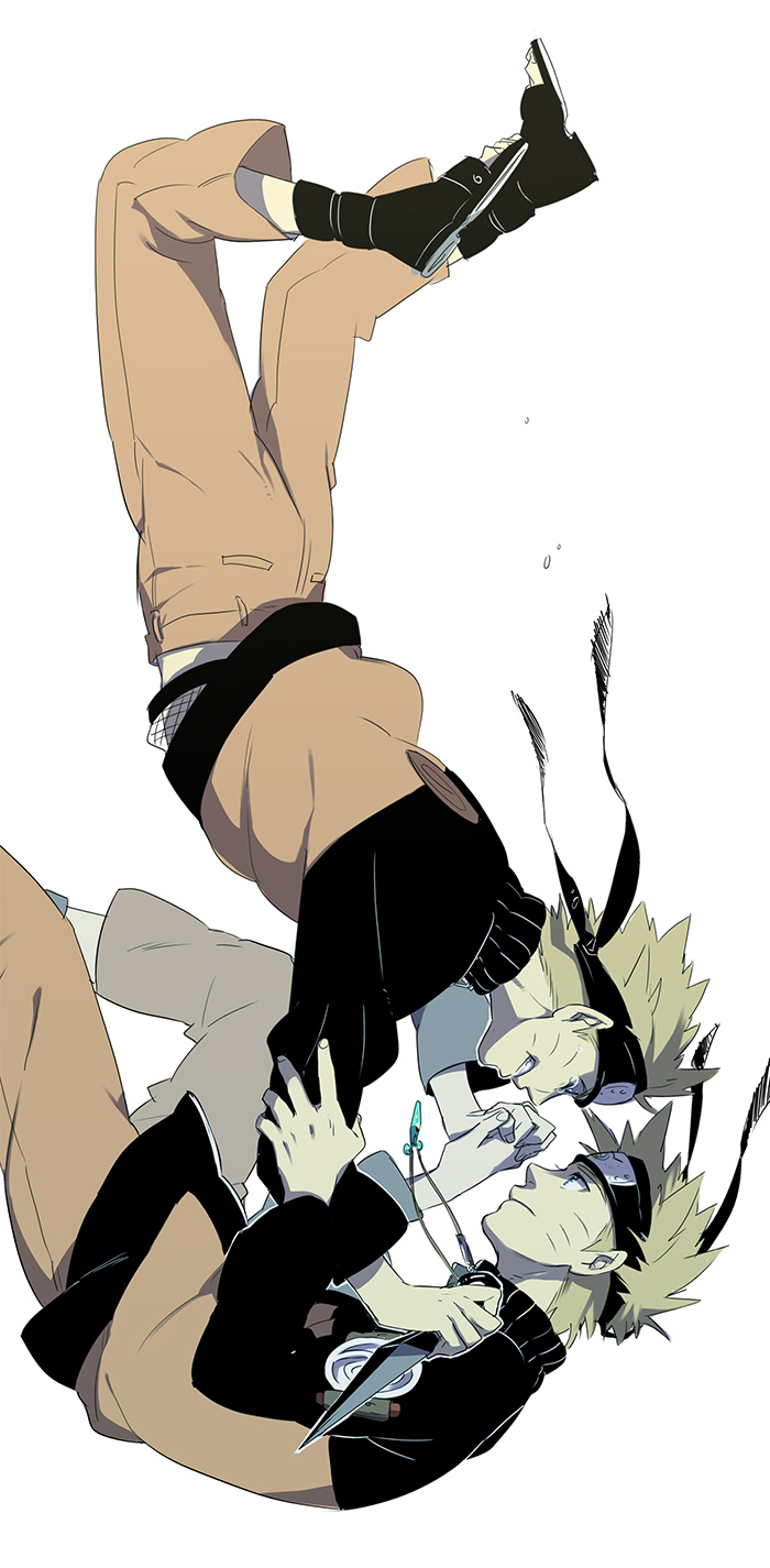 2boys angry blonde_hair blue_eyes dual_persona duo facial_mark falling fishnets forehead_protector hand_holding highres holding_hands i_(kaiyou) in_air jewelry jinchuuriki kunai male md5_mismatch multiple_boys multiple_persona naruto necklace short_hair simple_background spiked_hair spiky_hair tears uzumaki_naruto weapon white_background