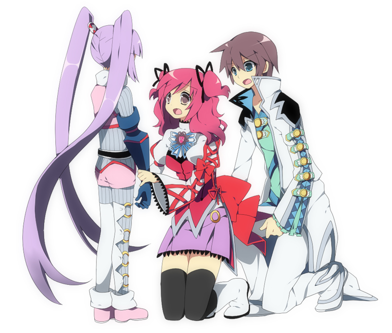 :o asbel_lhant black_legwear black_thighhighs blue_eyes bodysuit boots bow brooch brown_eyes brown_hair butterfly cheria_barnes coat from_behind gloves jewelry kneeling long_hair open_mouth pants pink_hair purple_hair ribbon shirt shoes short_twintails shorts skirt sophie_(tales_of_graces) soranagi tales_of_(series) tales_of_graces thigh-highs thighhighs twintails very_long_hair