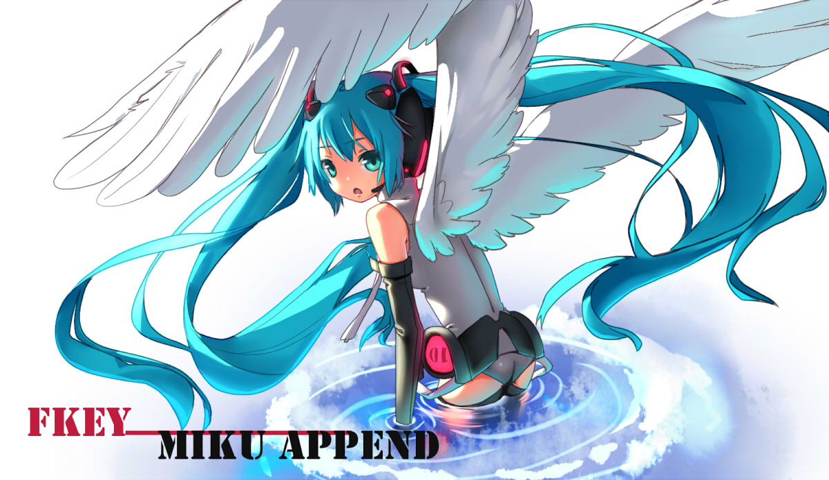 aqua_eyes aqua_hair bad_id elbow_gloves fkey gloves hatsune_miku hatsune_miku_(append) headphones headset long_hair looking_back miku_append solo thigh-highs thighhighs twintails very_long_hair vocaloid vocaloid_append water wings zengxianxin