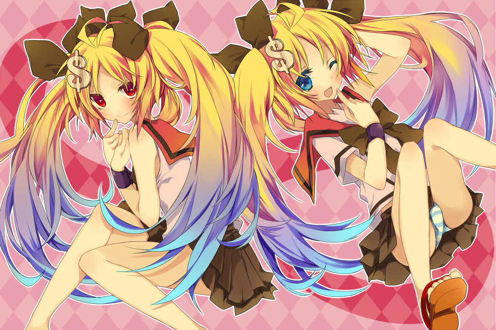 bad_id bare_shoulders blonde_hair blue_eyes blue_hair bow bulge character_request crossdressing crossdressinging greed_packet_unlimited hair_bow hair_ribbon kanzaki8 long_hair multicolored_hair nokia panties purple_hair red_eyes ribbon sandals school_uniform serafuku series_request sitting sleeveless smile solo striped striped_panties trap twintails underwear very_long_hair wink wristband