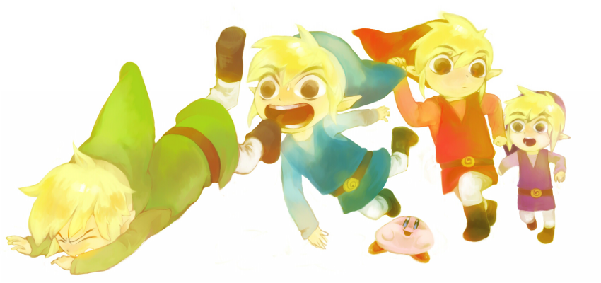 black_eyes blonde_hair company_connection crossover four_swords kirby kirby_(series) link multiple_persona nintendo pointy_ears smile tetsu_(teppei) the_legend_of_zelda toon_link