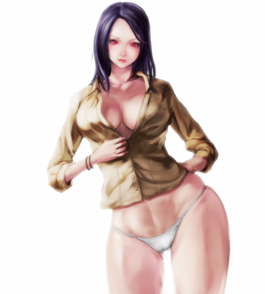 bracelet breasts dead_rising dead_rising_2 hips jewelry long_hair mole no_pants panties pink_eyes pitbull purple_hair rebecca_chang red_eyes simple_background sleeves_rolled_up solo unbuttoned underwear white_panties wide_hips