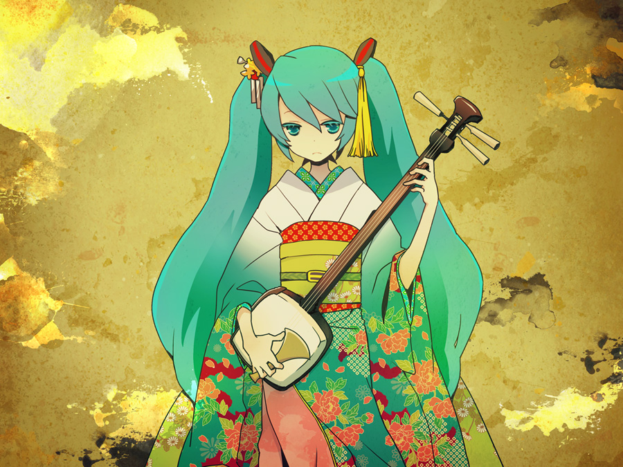 aqua_eyes aqua_hair bachi hatsune_miku instrument japanese_clothes kimono long_hair masu_yama obi plectrum shamisen solo twintails very_long_hair vocaloid