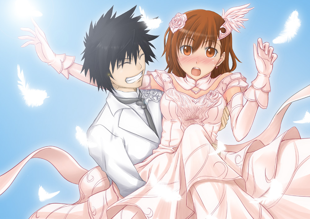 1girl black_hair blush brown_eyes brown_hair carrying closed_eyes couple dress eyes_closed feathers formal gloves grin hair_ornament kamijou_touma kurogane_(artist) marriage misaka_mikoto open_mouth pink_dress smile suit to_aru_majutsu_no_index wedding wedding_dress white_suit