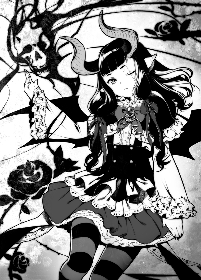 bad_id black_rose black_rose_(flower) bow brooch copyright_request demon_girl dress flower hair_bow hair_ribbon horns jewelry long_hair long_sleeves monochrome pantyhose ribbon rose scar skull slit_pupils solo striped striped_legwear striped_pantyhose wings wink