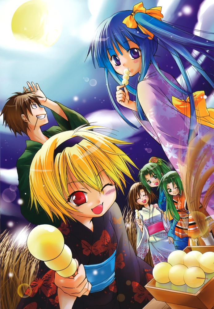 1boy 5girls blue_eyes blue_hair brown_eyes brown_hair cloud double_bun eating fang full_moon furude_rika grass green_hair grin hair_ribbon higurashi_no_naku_koro_ni houjou_satoko japanese_clothes kimono maebara_keiichi moon night red_eyes red_hair ribbon ryuuguu_rena siblings side_ponytail sisters sky smile sonozaki_mion sonozaki_shion star_(sky) starry_sky twins wink yukata