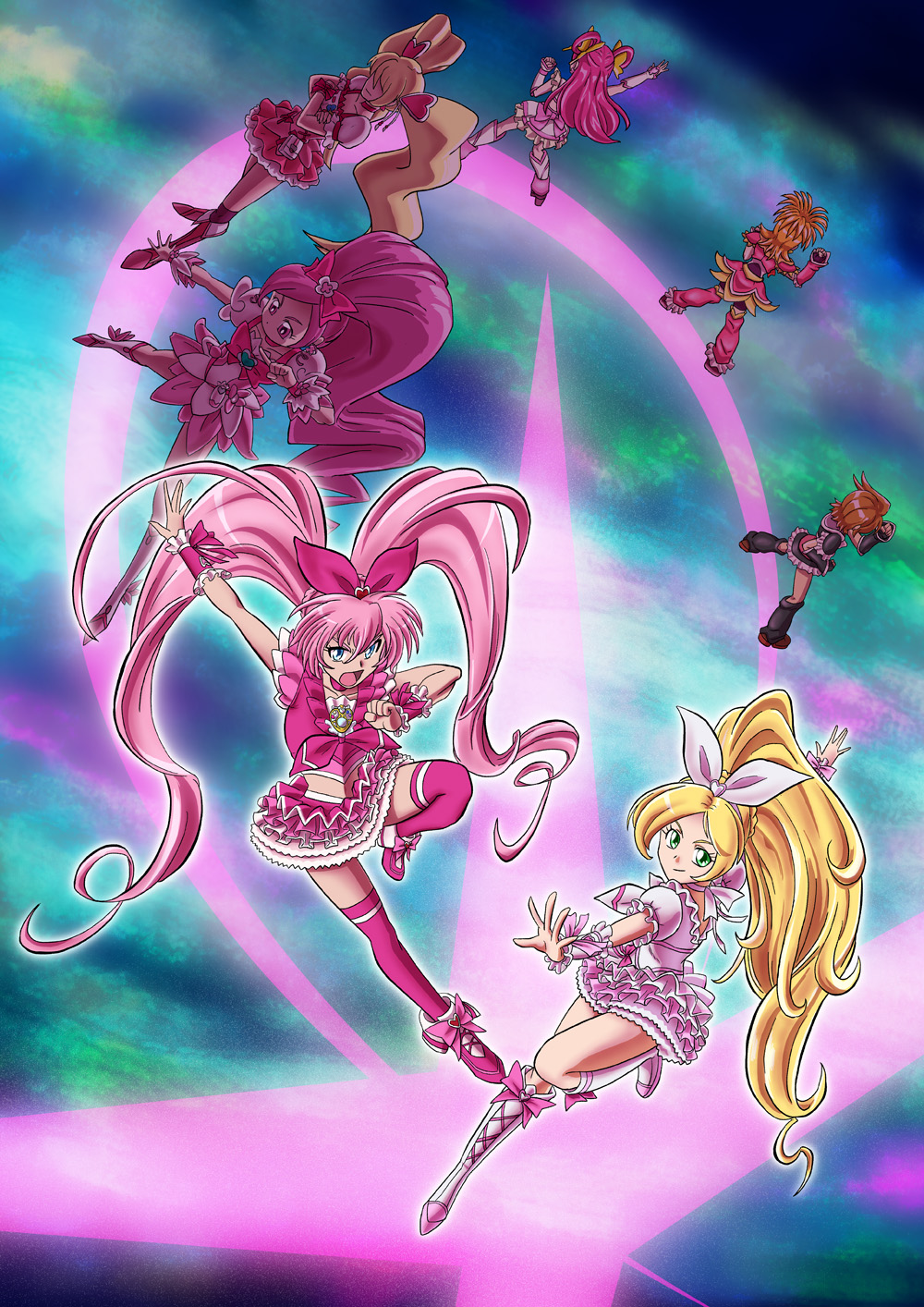 ahoge angry bad_id blonde_hair blue_eyes boots bow braid brooch brown_hair choker color_connection crossed_arms cure_black cure_bloom cure_blossom cure_dream cure_melody cure_peach cure_rhythm dress flower fresh_precure! frills from_behind futari_wa_precure futari_wa_precure_splash_star gozon green_eyes hair_flower hair_ornament hair_ribbon hair_rings hairpin hanasaki_tsubomi heart heartcatch_precure! highres houjou_hibiki hyuuga_saki jewelry long_hair magical_girl midriff minamino_kanade misumi_nagisa momozono_love multiple_girls no_eyes no_mouth open_mouth outstretched_arm pink pink_eyes pink_hair pink_legwear pink_thighhighs pointing ponytail precure precure_all_stars ribbon shoes short_hair smile spiked_hair spiky_hair suite_precure thigh-highs thighhighs twintails wrist_cuffs yes!_precure_5 yumehara_nozomi