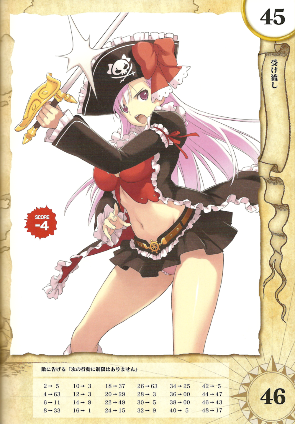ascot belt bow breasts bustier captain_liliana frilled_panties frills hat highres jolly_roger legs lingerie long_hair midriff miniskirt morisawa_haruyuki navel open_mouth panties pantyshot pink_eyes pink_hair pink_panties pirate pirate_hat pleated_skirt queen's_blade queen's_blade_rebellion queen's_blade queen's_blade_rebellion rapier ribbon skirt skull_and_crossbones skull_and_crossed_swords solo sword thighs underwear very_long_hair weapon