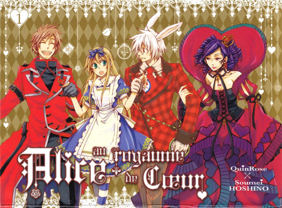 ace alice_liddell animal_ears apron blonde_hair bowtie bunny_ears closed_eyes corset crown dress drill_hair formal glasses gloves green_hair heart heart_no_kuni_no_alice holding_hands necktie open_mouth peter_white plaid purple_hair silver_hair smile striped striped_legwear suit vivaldi