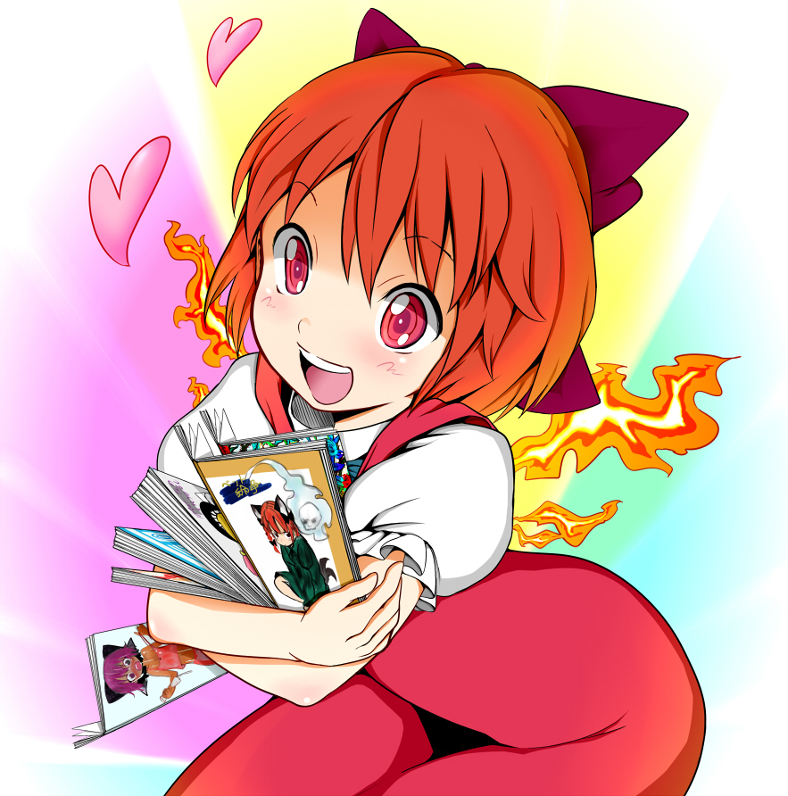 achi_cirno alternate_color alternate_element bad_id bow cirno face fiery_wings fire hair_bow heart manga_(object) red_eyes red_hair redhead reri short_hair smile solo touhou wings