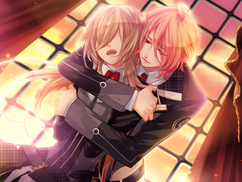aozora_hayato game_cg hug hug_from_behind starry_sky_(game) yahisa_tsukiko