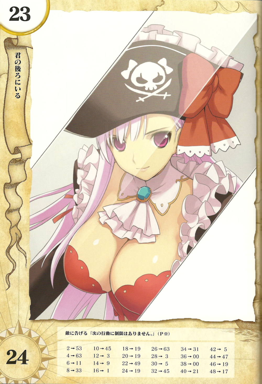 ascot bow breasts bustier captain_liliana cleavage frills hat highres jolly_roger large_breasts lingerie long_hair morisawa_haruyuki pink_eyes pink_hair pirate pirate_hat queen's_blade queen's_blade_rebellion queen's_blade queen's_blade_rebellion reflection ribbon skull_and_crossbones skull_and_crossed_swords solo sword underwear very_long_hair weapon