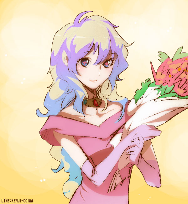 bouquet collaboration dress flower gloves multicolored_hair nia_teppelin ooiwa_kenji smile solo symbol-shaped_pupils tengen_toppa_gurren-lagann tengen_toppa_gurren_lagann two-tone_hair yukimitsuki