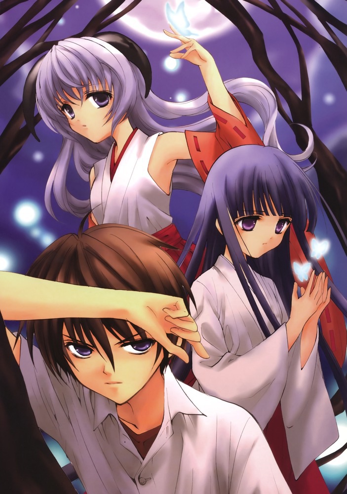 1boy 2girls brown_hair butterfly detached_sleeves furude_rika hanyuu higurashi_no_naku_koro_ni horns japanese_clothes long_hair long_sleeves maebara_keiichi miko moon multiple_girls night purple_eyes purple_hair school_uniform short_hair sky