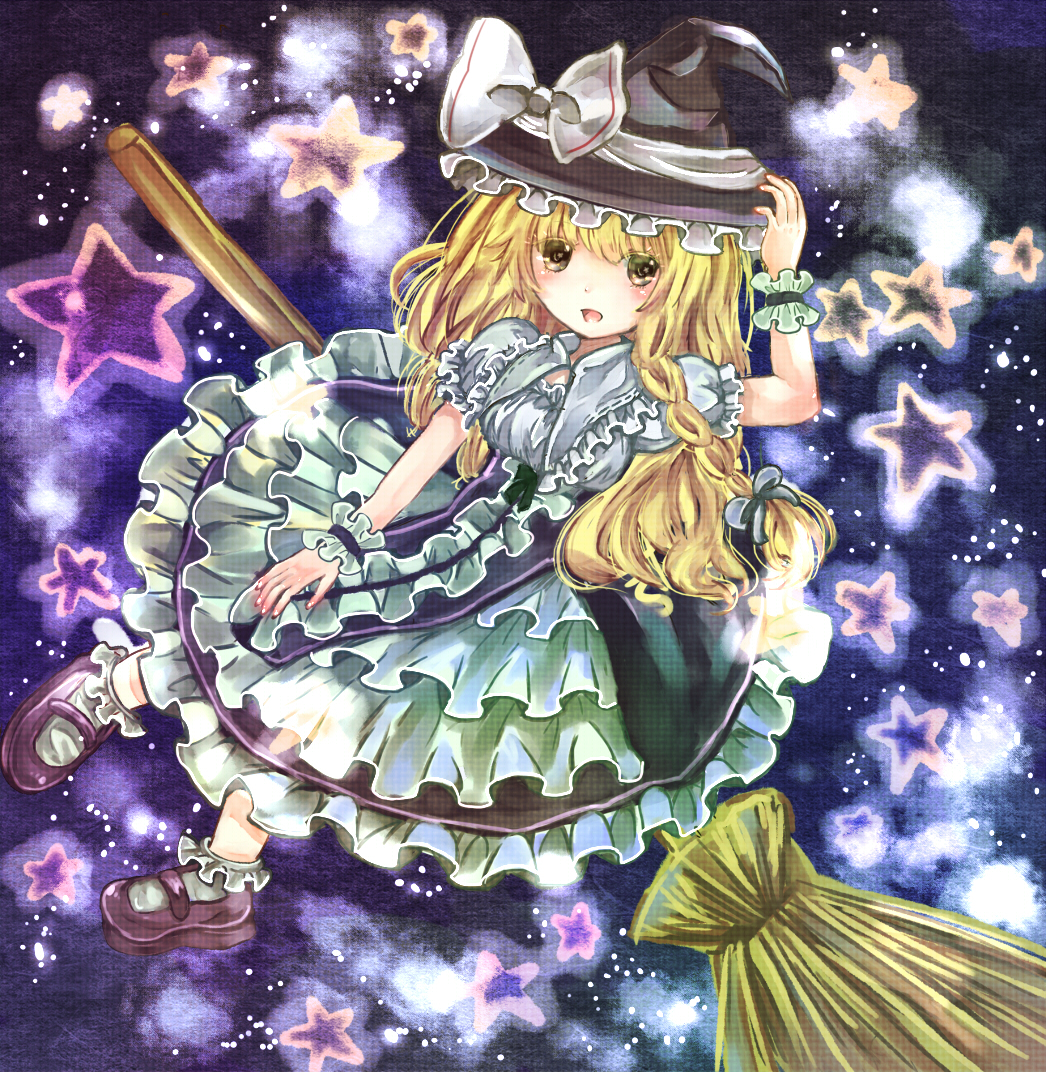 adjusting_hat alternate_costume bad_id blonde_hair bobby_socks bow braid broom broom_riding brown_eyes danmaku dress frills gathers hair_ribbon hand_on_hat hat highres jaku_sono kirisame_marisa mary_janes pigeon-toed pigeon_toed ribbon ruffles shoes smile socks solo star touhou witch witch_hat wrist_cuffs