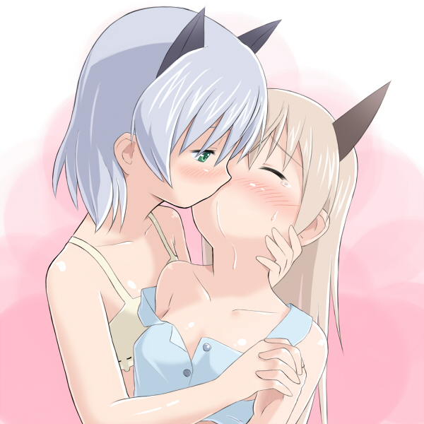 blonde_hair blush closed_eyes eila_ilmatar_juutilainen eyes_closed green_eyes hand_holding holding_hands kiss komakedara lingerie long_hair multiple_girls saliva sanya_v_litvyak short_hair silver_hair strap_slip strike_witches sweatdrop tears unbuttoned underwear yuri