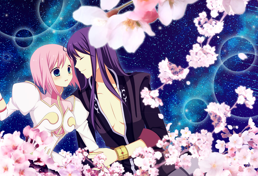 1girl arm_grab ayamisiro blush bracelet closed_eyes couple dress estellise_sidos_heurassein eyes_closed flower green_eyes jewelry long_hair open_clothes open_shirt petals pink_hair purple_hair shirt short_hair sky star_(sky) starry_sky tales_of_(series) tales_of_vesperia yuri_lowell