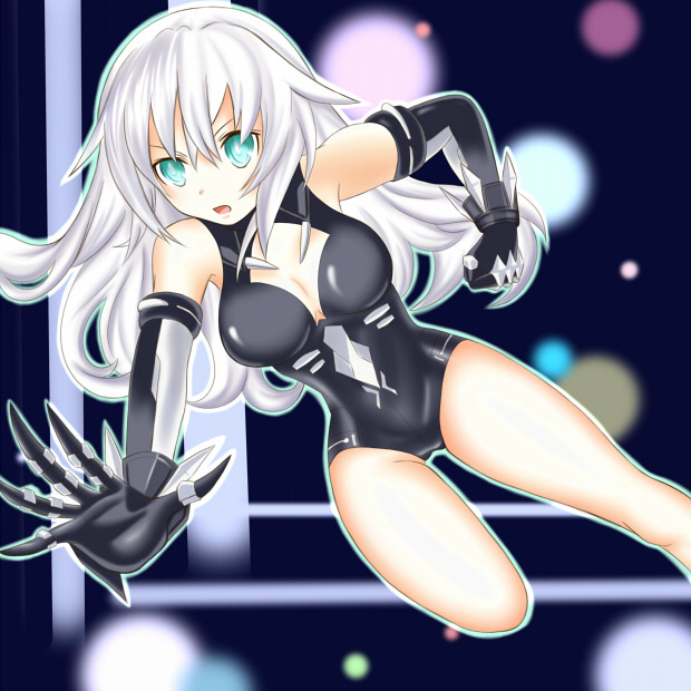 bare_shoulders black_heart bodysuit breasts choujigen_game_neptune cleavage cleavage_cutout compile_heart elbow_gloves female gloves green_eyes gust_(neptune_series) idea_factory long_hair nippon_ichi sega silver_hair solo thighs toffee_(ikume) white_hair